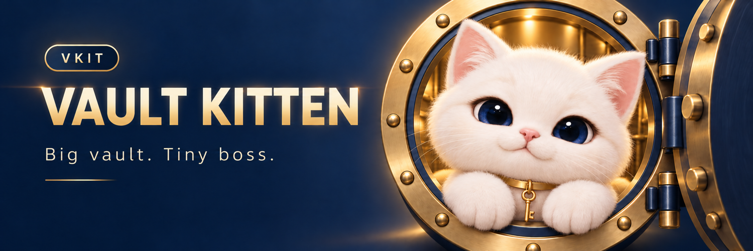 Vault Kitten. Big vault. Tiny boss. A cream kitten guarding its golden vault.